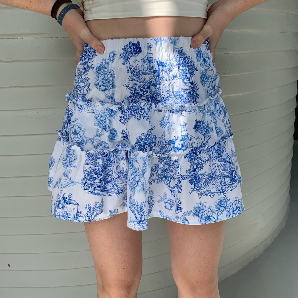 Three tiered toile ruffle skirt